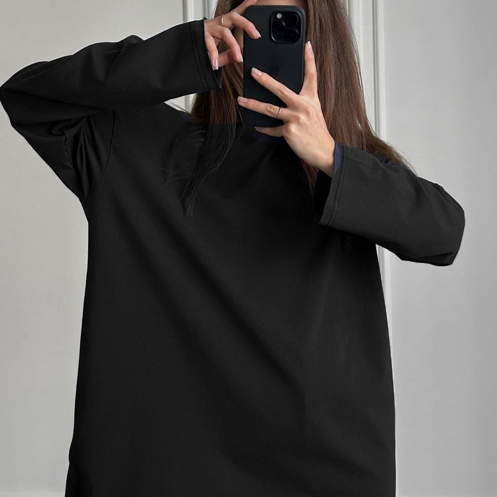 Women’s loose long-sleeve cotton T-shirt in black, crew neck and wide sleeves