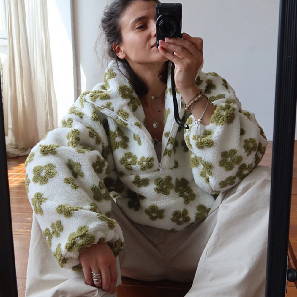 Women’s floral fleece pullover sweater in cream with olive clover flowers and half-zip