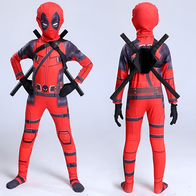Red-and-black superhero cosplay bodysuit, front and back view with arm straps