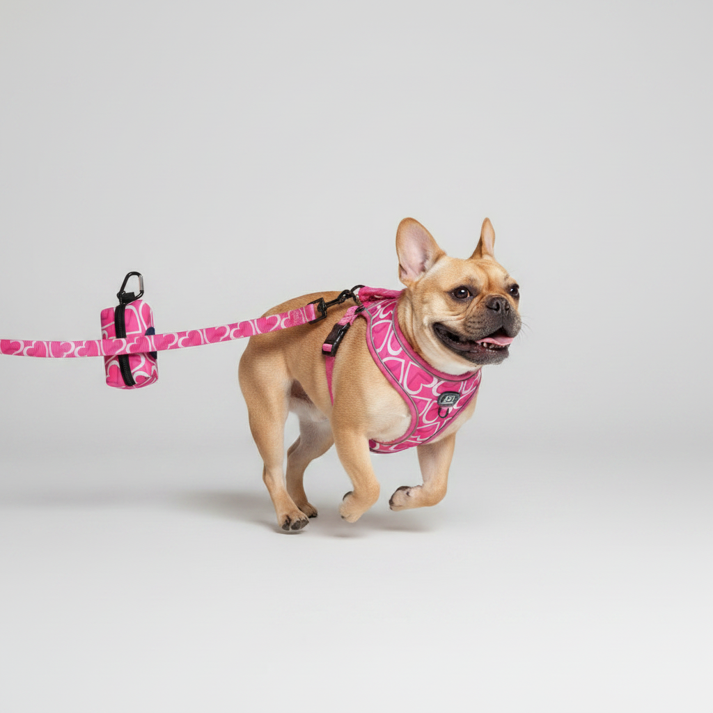 Dog harness and leash set with pink heart pattern, dog wearing harness and leash