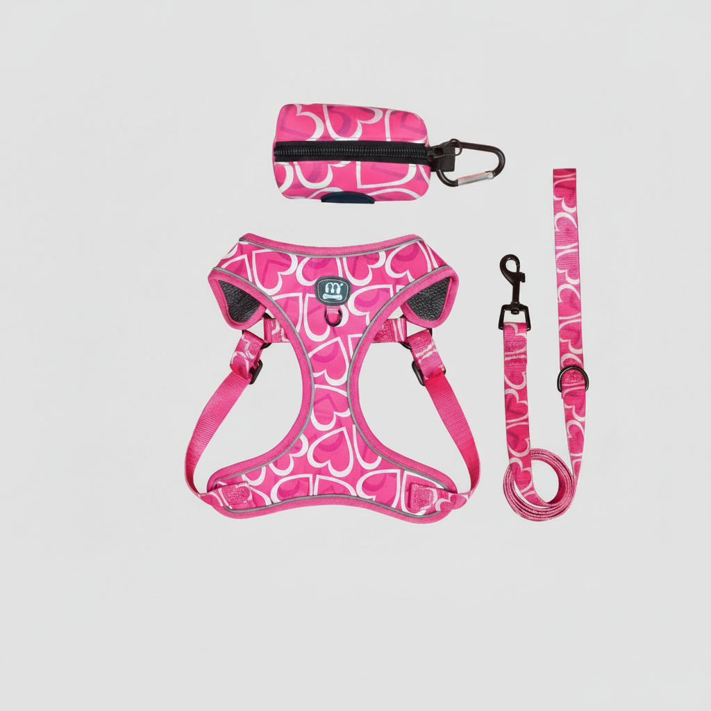 Dog harness and leash set with pink heart pattern, includes matching leash and pouch