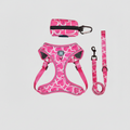 Dog harness and leash set with pink heart pattern, includes matching leash and pouch