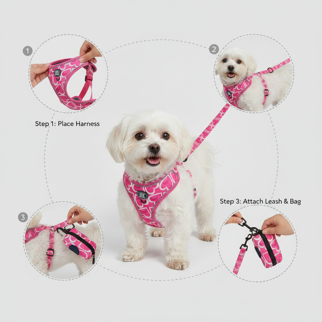 Dog harness and leash set setup showing harness placement and leash attachment