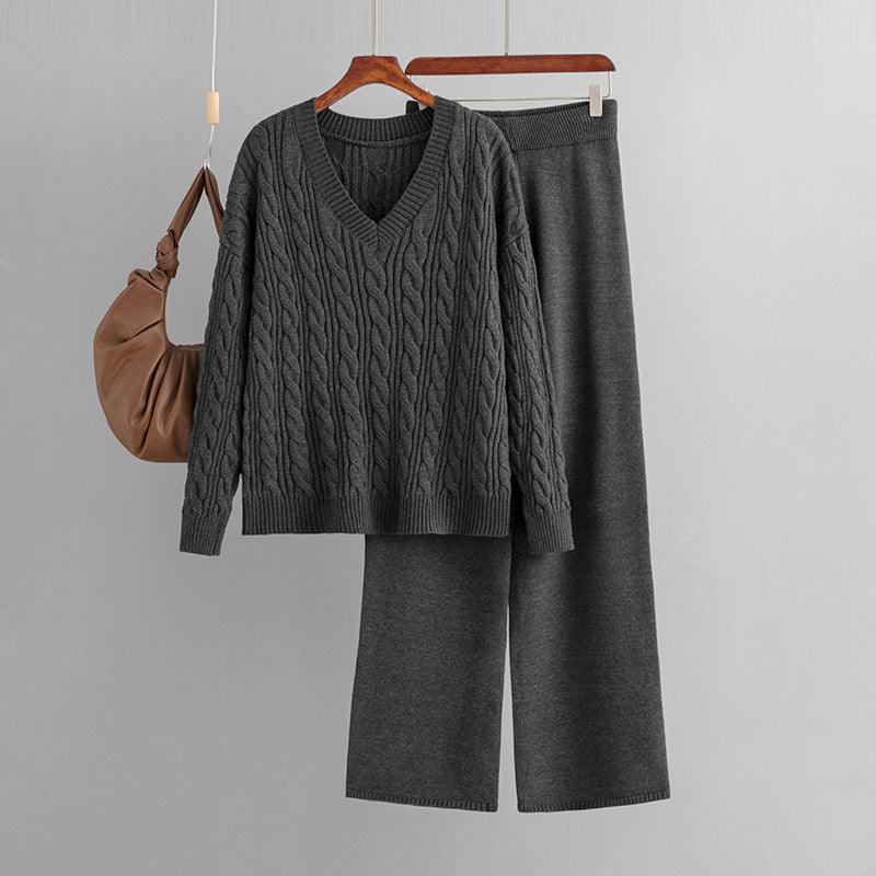 Dark gray V-neck cable knit sweater with wide-leg knit pants, two-piece set