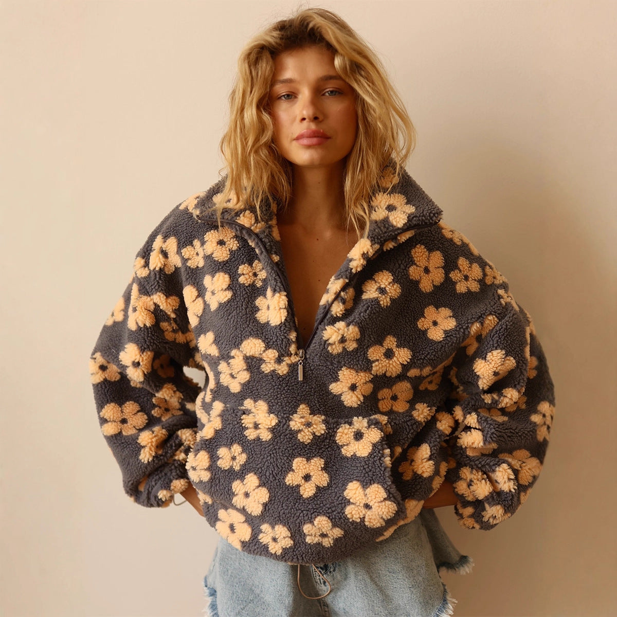 Women’s floral fleece pullover sweater in charcoal with tan flower print and half-zip