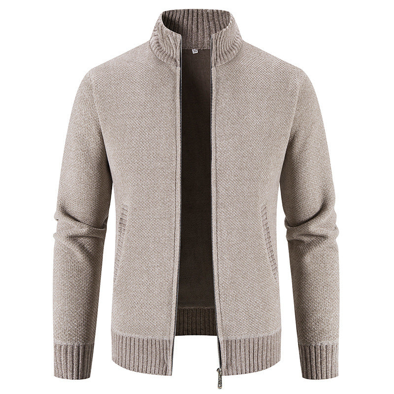 Beige heathered zip-front sweater cardigan, ribbed stand collar, long sleeves