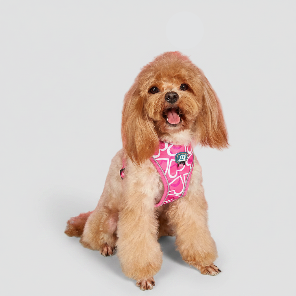 Dog harness and leash set with pink heart pattern, small dog wearing harness