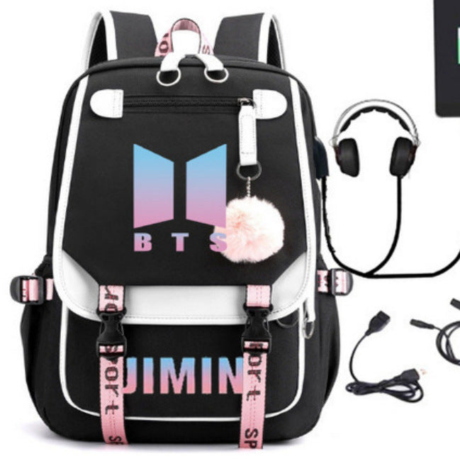 Black backpack with white trim; BTS-themed “BTS” and “JIMIN” straps with pom-pom keychain
