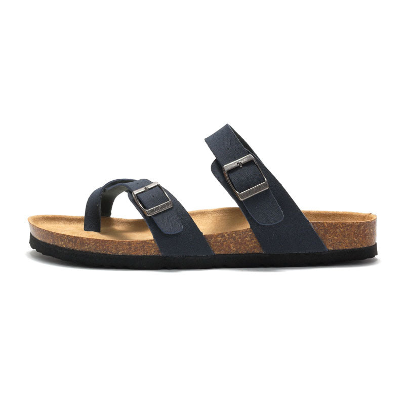 Pair of women's cork slide sandals in black with two-buckle strap design