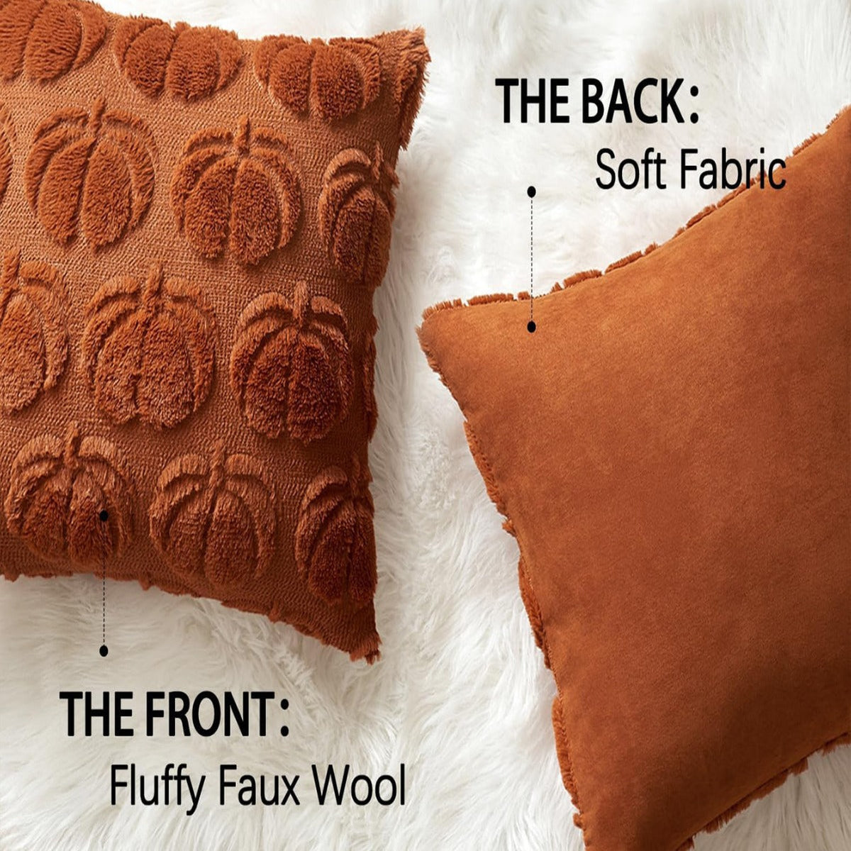 Orange faux fur pillow cover with plush front and soft back lining