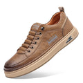 Khaki leather lace-up flat shoes, stitched upper and low profile sole