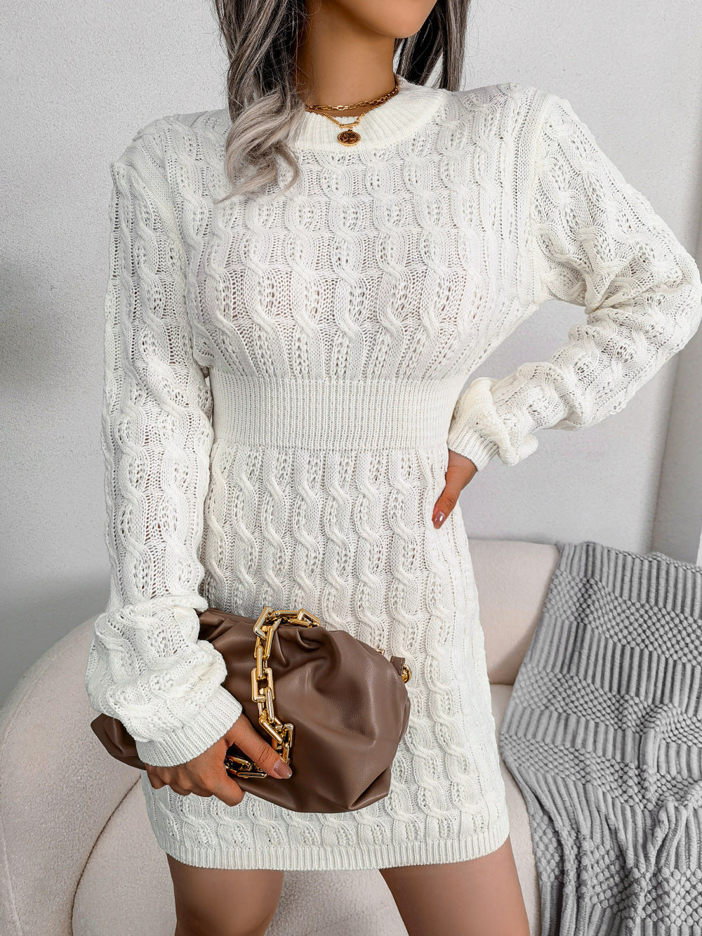 Women’s white knit twist-waist sheath sweater dress with long sleeves