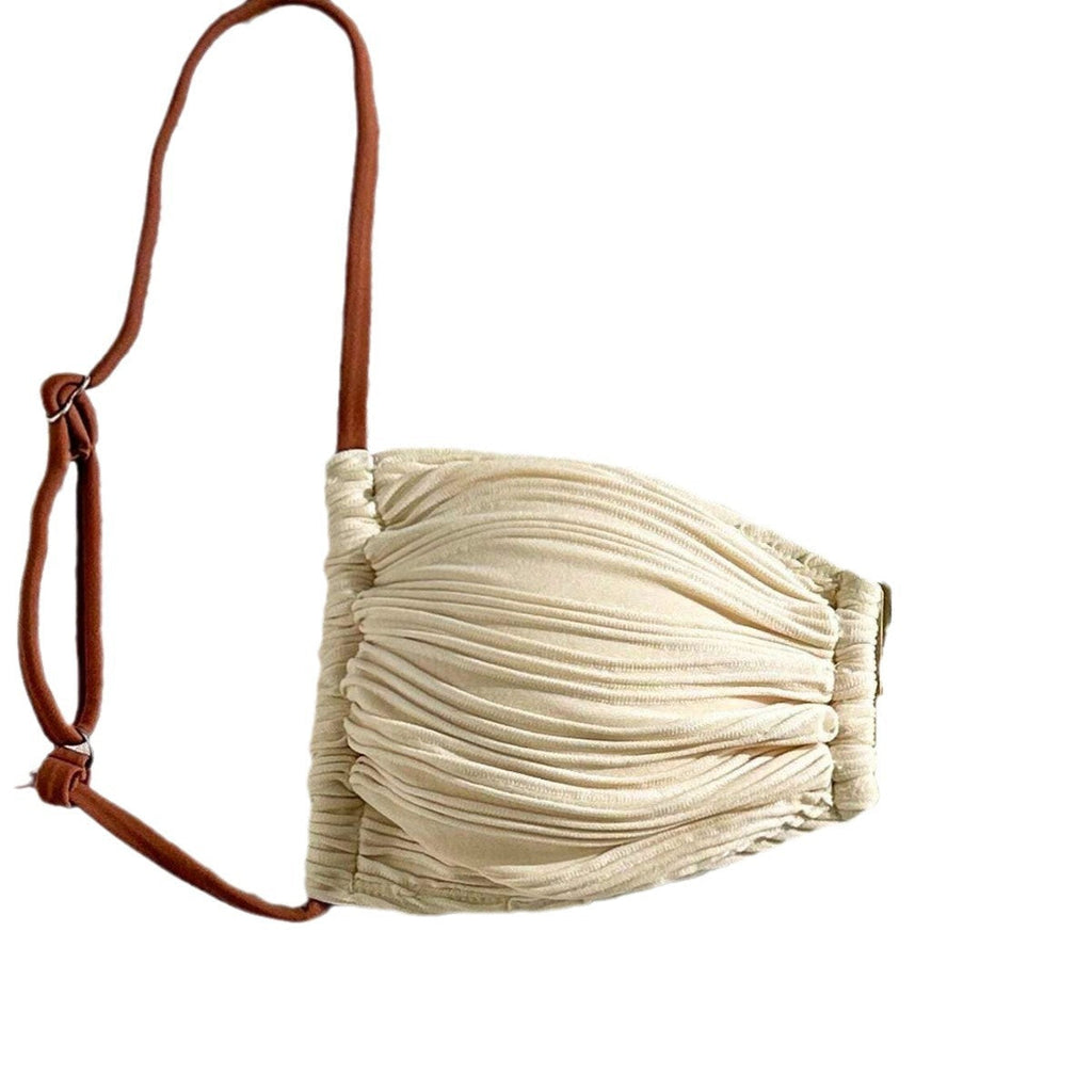 Ivory ruched bandeau bikini top with brown adjustable strap and gold center clasp
