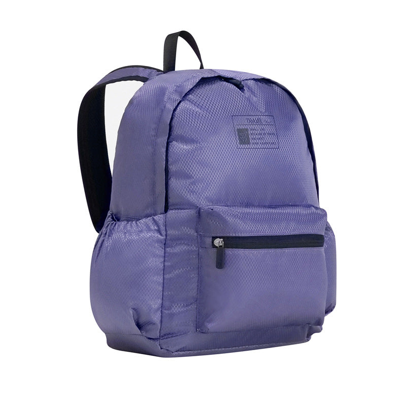 Purple foldable backpack with front zip pocket, top handle, and shoulder straps