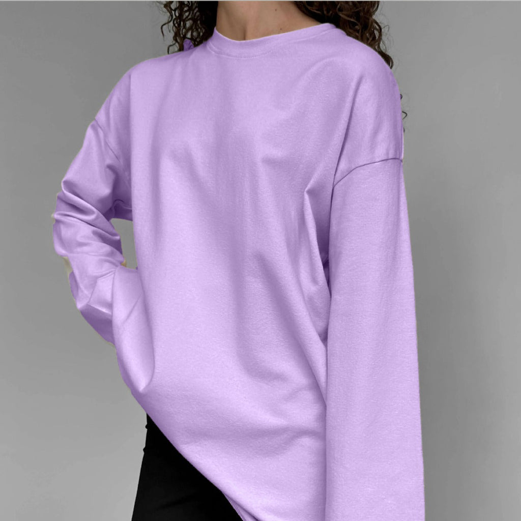 Women’s loose long-sleeve cotton T-shirt in light purple, crew neck design