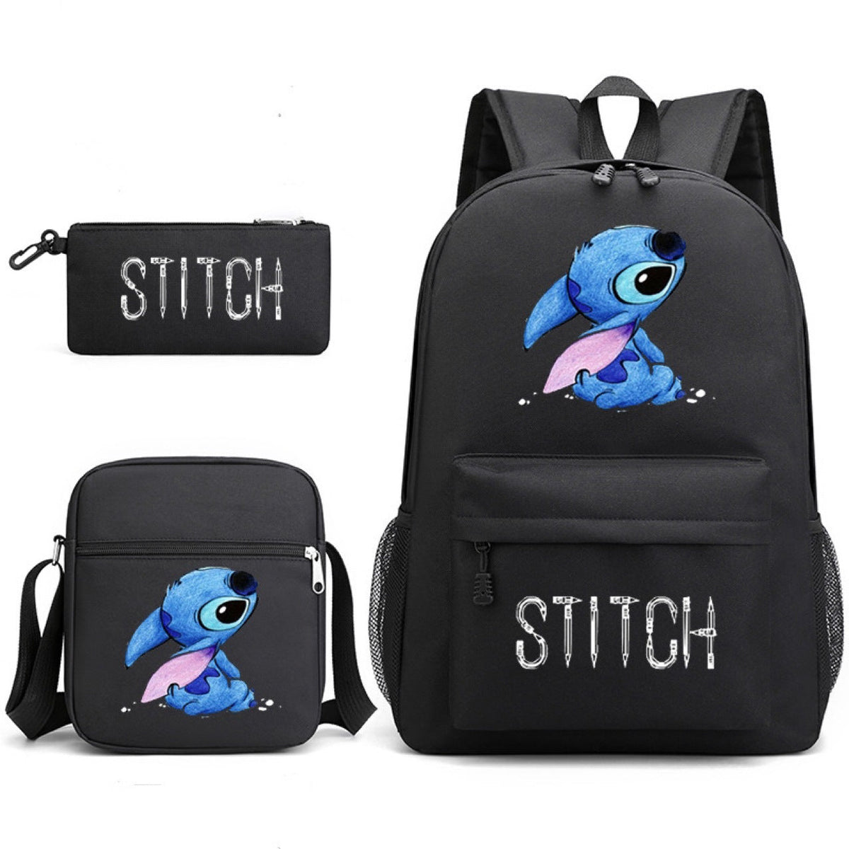 Black Stitch-themed backpack with matching zip pouch featuring character graphic and “Stitch” text
