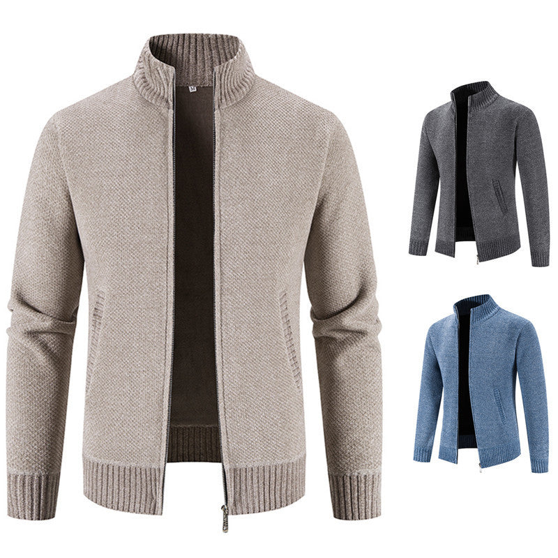 Beige zip-front sweater cardigan, ribbed stand collar, long sleeves