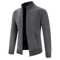 Dark gray heathered zip-front sweater cardigan, ribbed stand collar, long sleeves