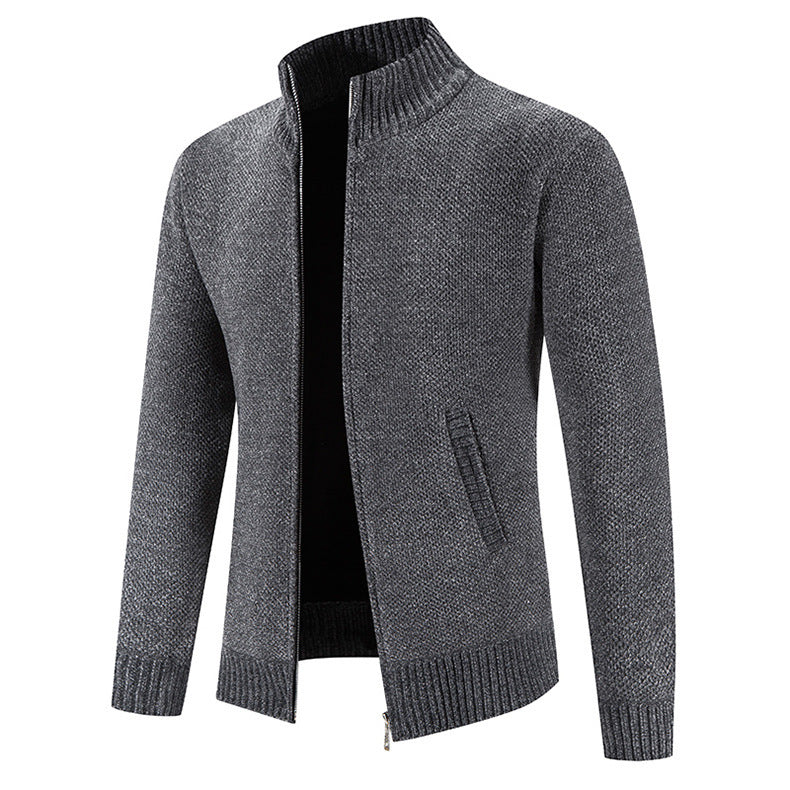 Dark gray heathered zip-front sweater cardigan, ribbed stand collar, long sleeves
