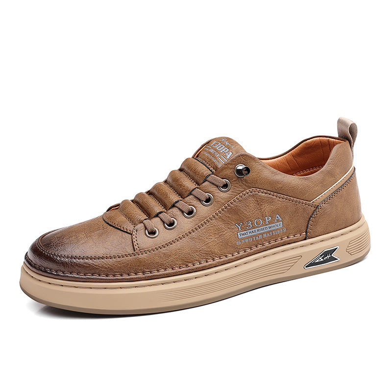 Khaki leather lace-up flat shoes with round toe and textured sole