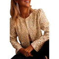 Gold-apricot sequin jacket with long sleeves, round neckline, and open front.