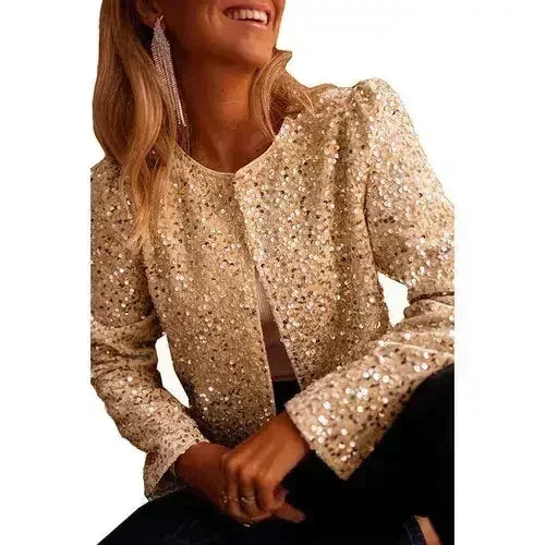 Gold-apricot sequin jacket with long sleeves, round neckline, and open front.