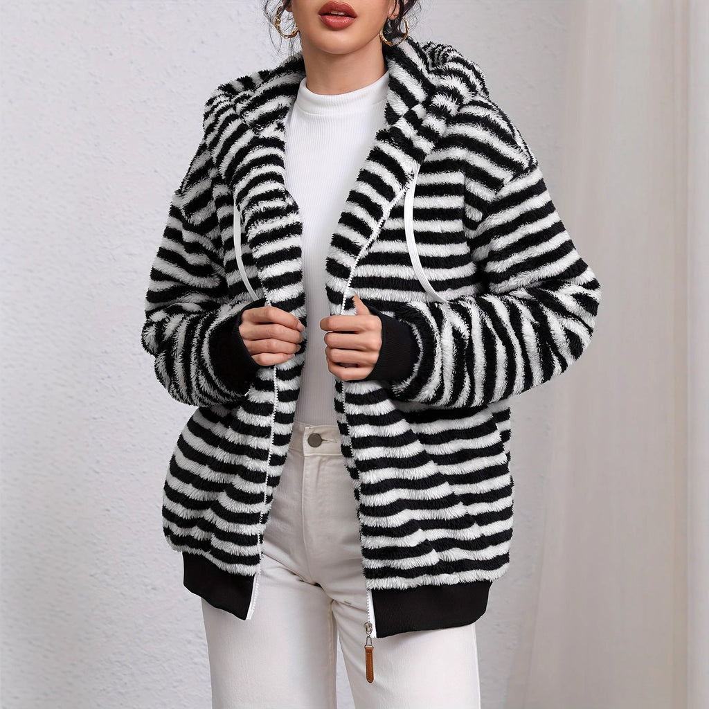 Black and white striped plush hooded jacket with zip front and side pockets