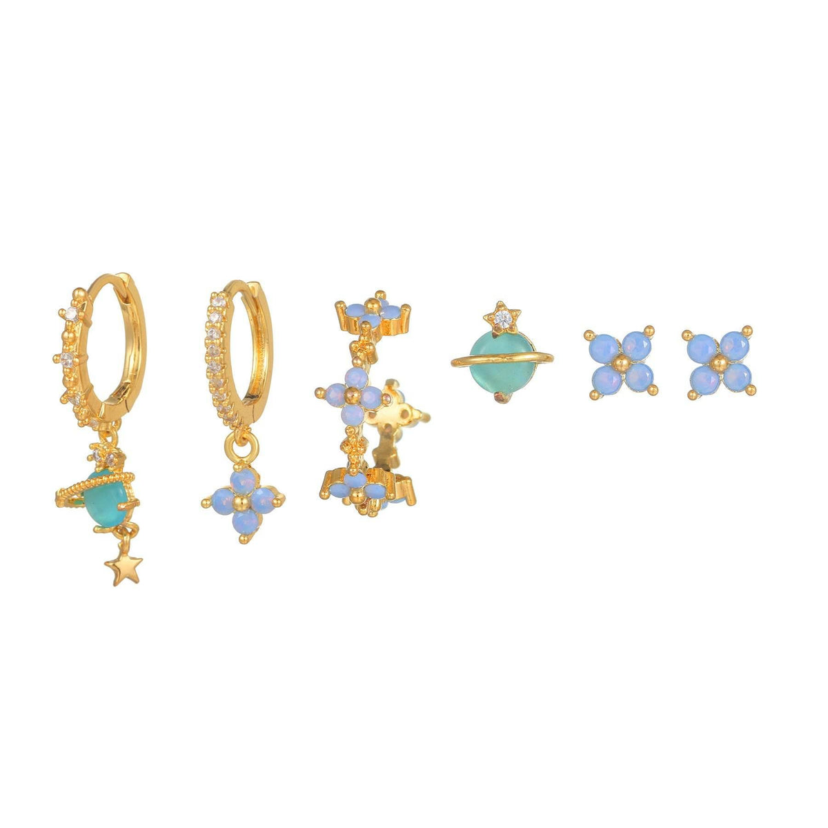 Gold-tone stackable earring set with blue flower charms, teal drops, and star accents