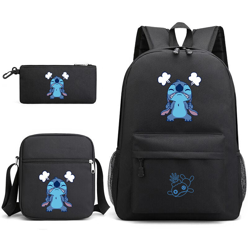 Black Stitch backpack set with matching zip pouch; small Stitch character with flower icons