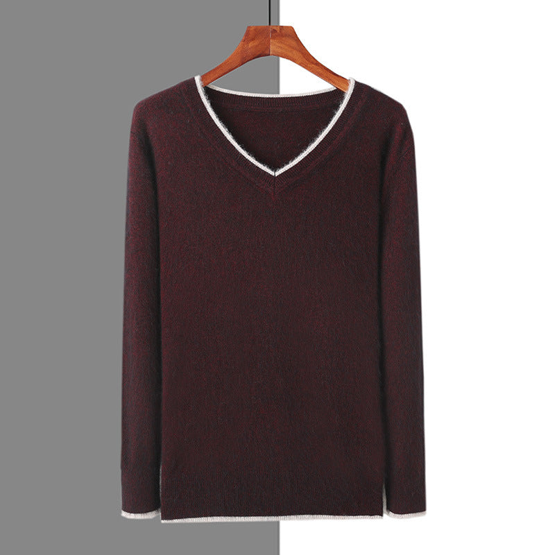 Men's V-neck thermal pullover sweater, dark maroon with white V-neck trim, long sleeves