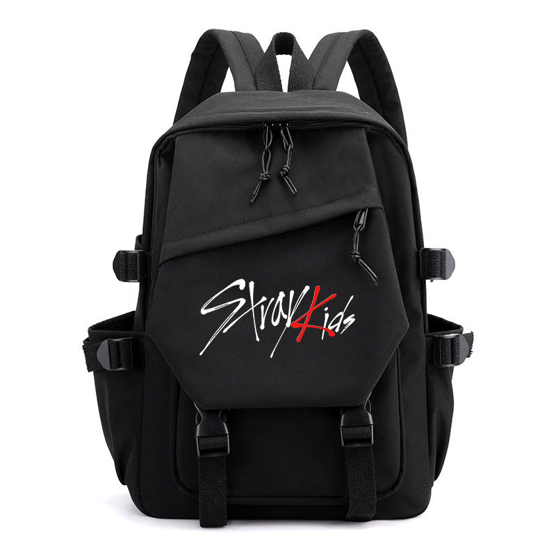 Black backpack with front pocket; stylized “Stitch” script graphic and webbed harness straps