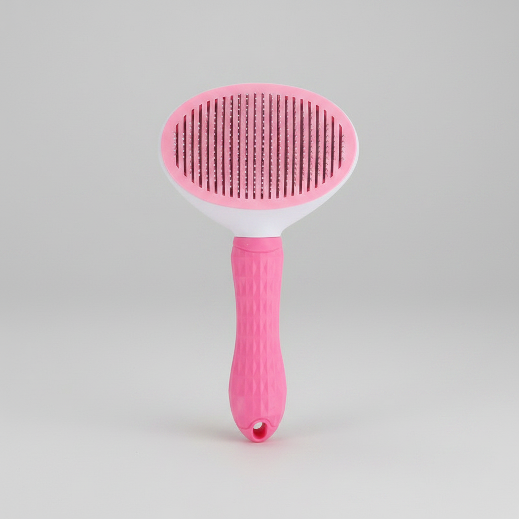 Pink self-cleaning slicker brush with oval spiked head and textured non-slip handle