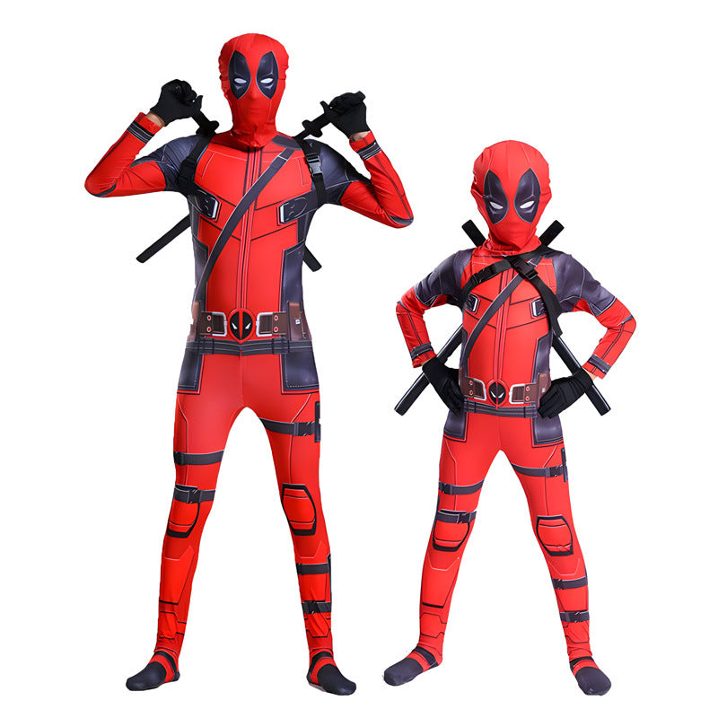 Red-and-black superhero cosplay bodysuit with hood, eye mask, and utility belt