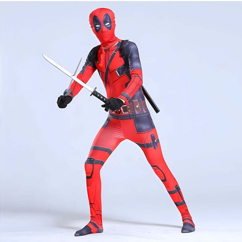 Red-and-black superhero cosplay bodysuit with hood and eye mask, standing pose
