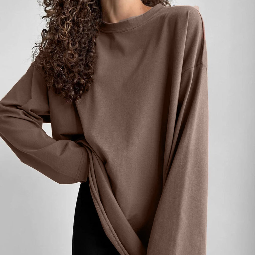 Women’s loose long-sleeve cotton T-shirt in brown, crew neck design