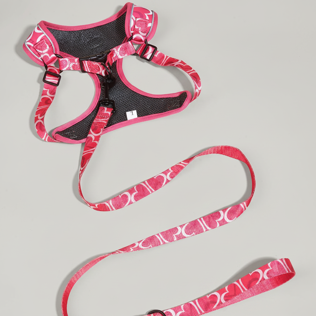 Black mesh dog harness with pink heart leash, close-up view