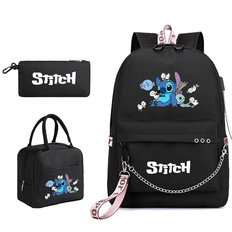 Black Stitch backpack set with small zip pouch; Stitch character graphic and chain detail