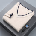 Men's V-neck thermal pullover sweater, cream with navy trim and small left chest tag