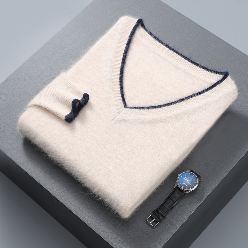Men's V-neck thermal pullover sweater, cream with navy trim and small left chest tag