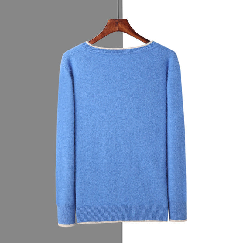 Men's V-neck thermal pullover sweater, light blue, plain back, long sleeves