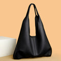 Soft leather shoulder tote bag with open top and wide handles, black
