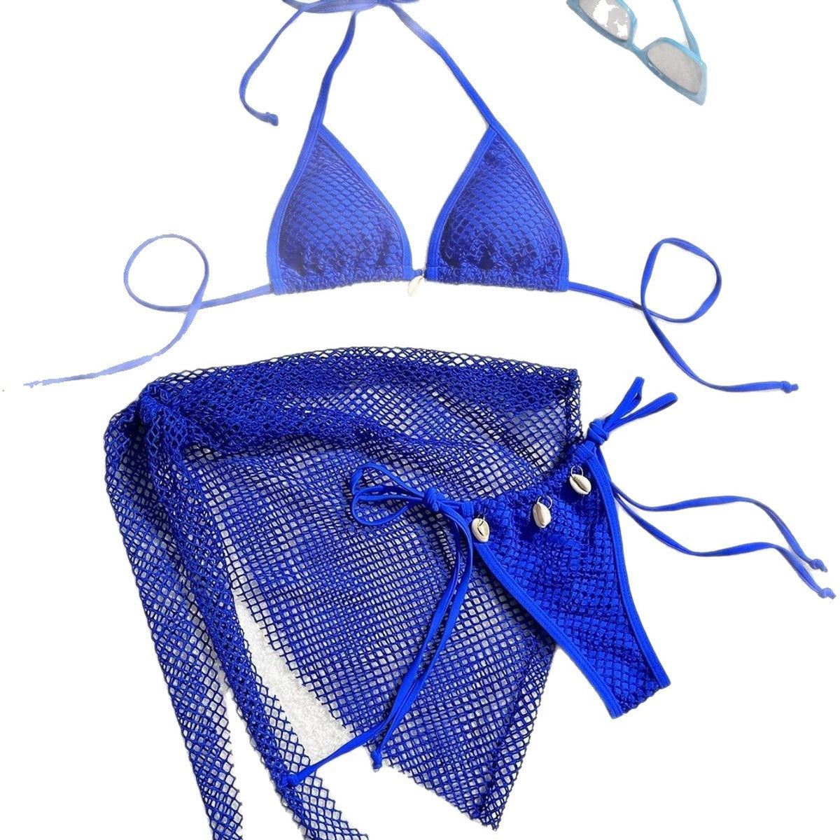 Blue three-piece split bikini set with triangle top, tie bottoms, and matching mesh skirt