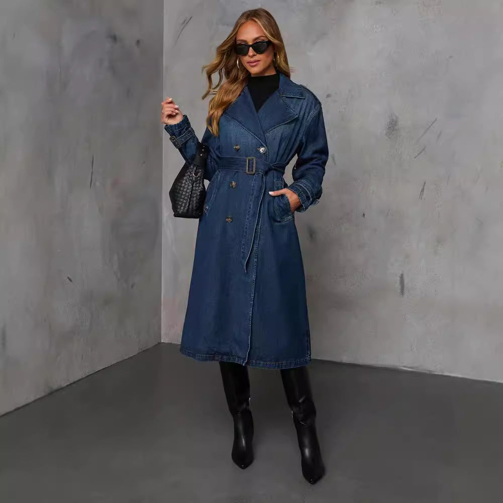 Navy denim belted trench-style coat with button front and collar