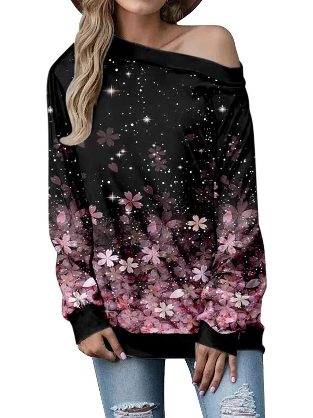 Women's off-shoulder sweater, dark print with sparkles and pink floral, long sleeves