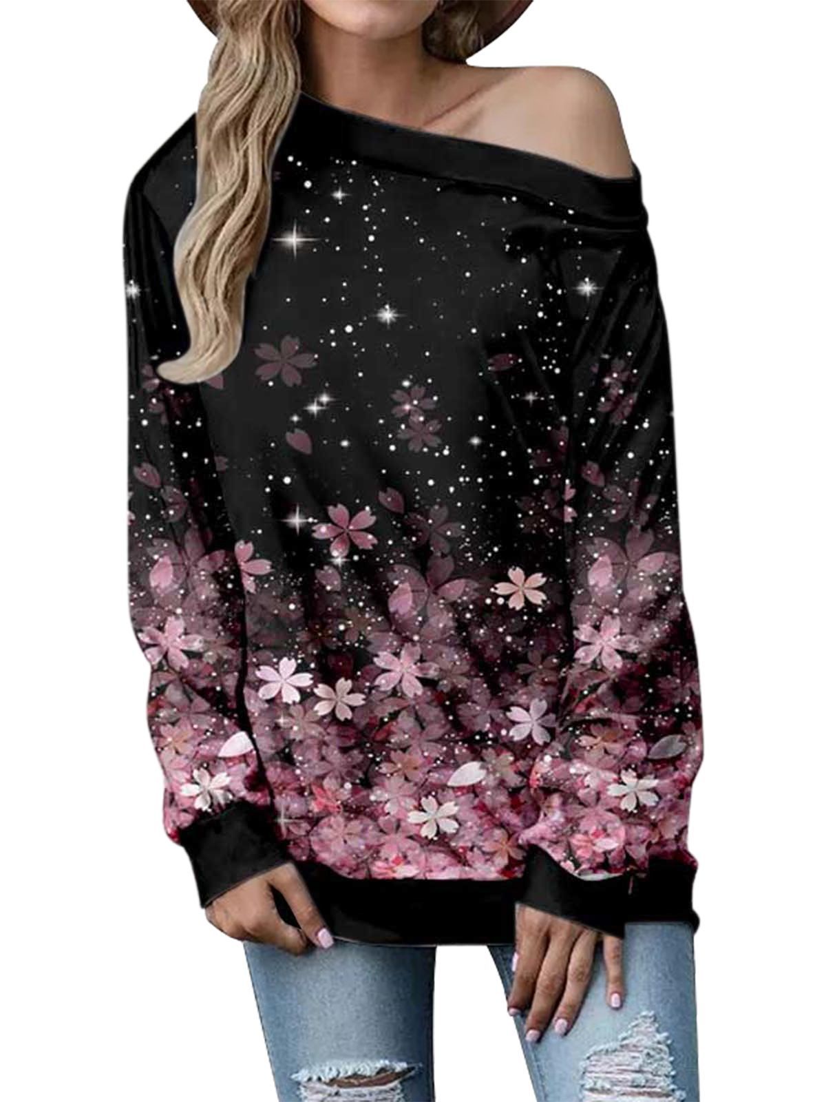 Women's off-shoulder sweater, dark print with sparkles and pink floral, long sleeves