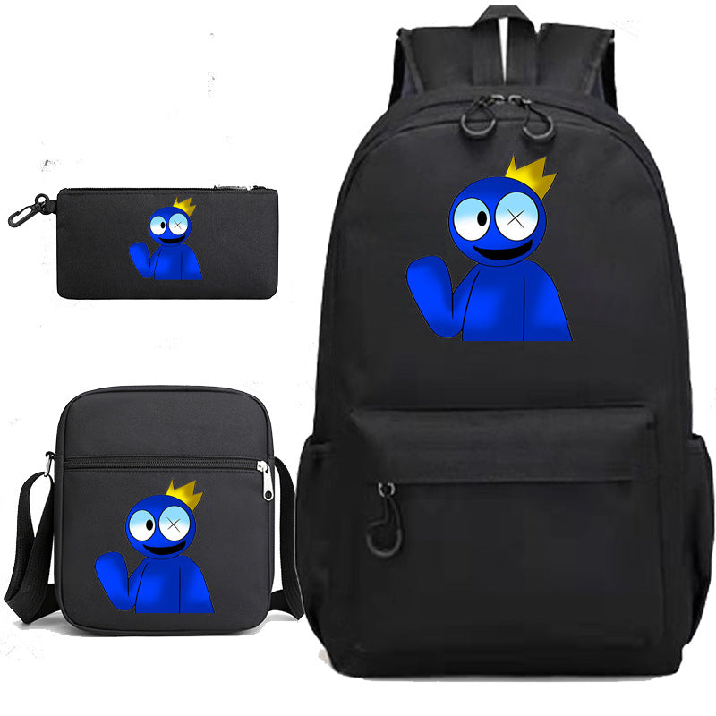 Black Rainbow Friends schoolbag set with cartoon character faces: backpack, pencil case, and pouch