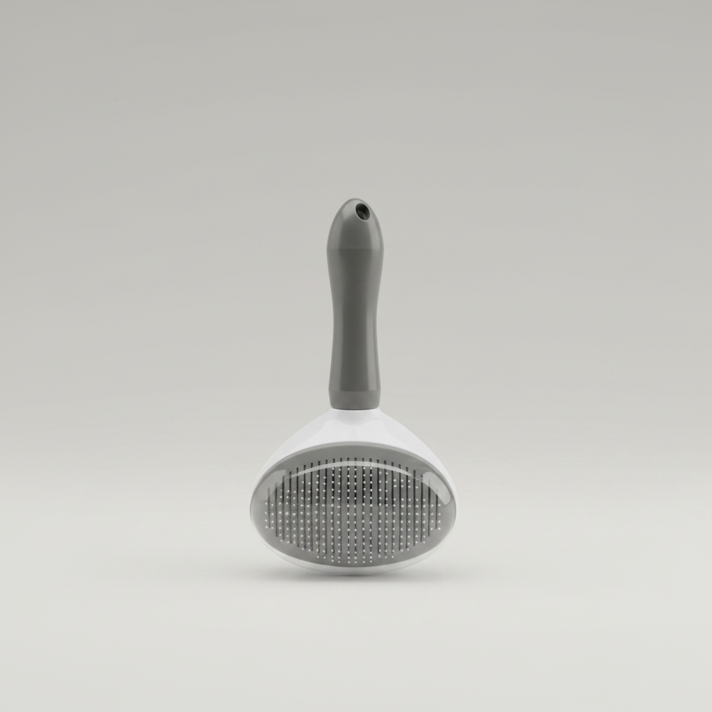 Self-cleaning pin brush with gray handle and round spiked head for pet grooming