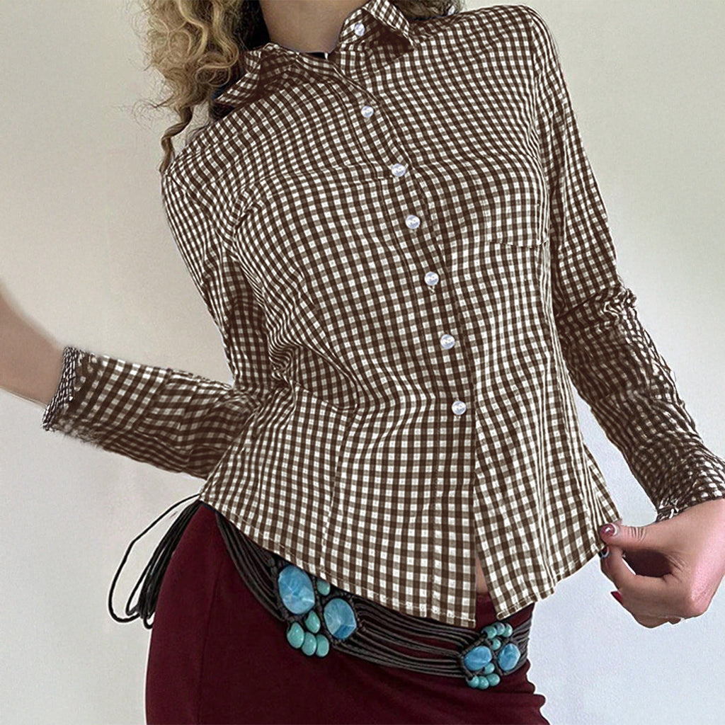 Brown and white check long-sleeve button shirt with stand collar and curved hem