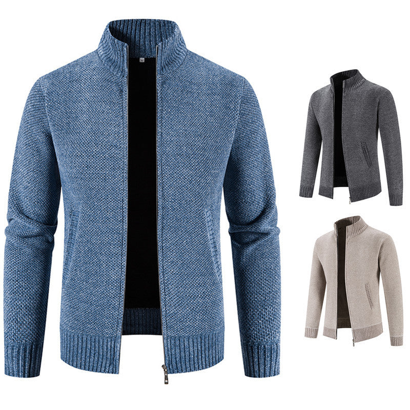 Blue zip-front sweater cardigan, ribbed stand collar, long sleeves