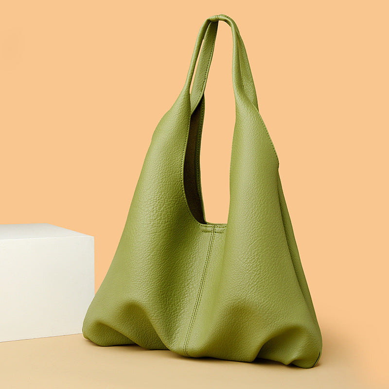 Soft leather shoulder tote bag with open top and wide handles, green